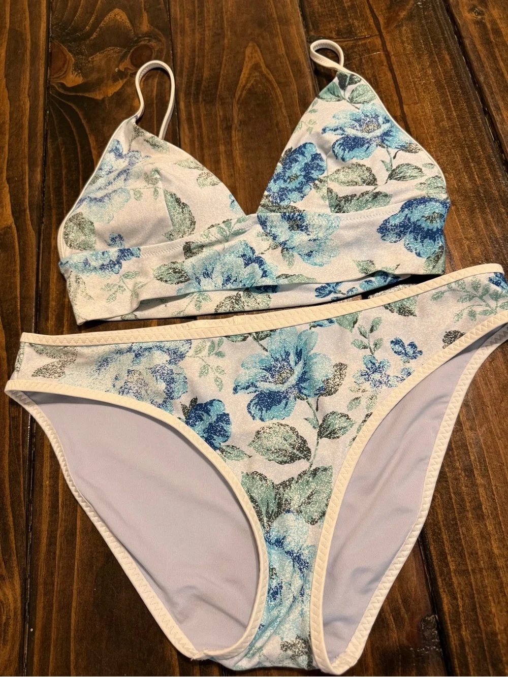 aerie Cream Bikini Set with Blue & Green Floral Print